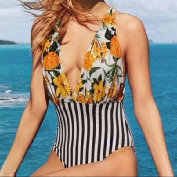 Cupshe orange Floral And Black Stripe One-Piece criss cross Back swimsuit - Picture 3 of 10
